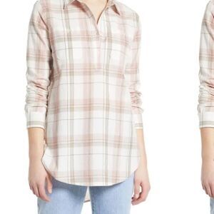 Caslon Plaid Long Sleeve Cotton Shirt Tunic In Ivory Pink and Tan Small